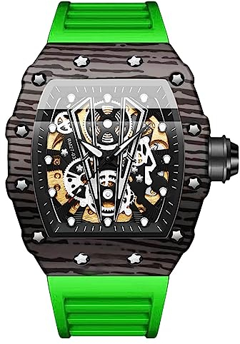 Rorios Tonneau Armbanduhren für Herren - Mechanische Automatik Uhr, Mode Sport, Wasserdicht, Leuchtend, Punk-Stil Mit Silikon Armband in Grün