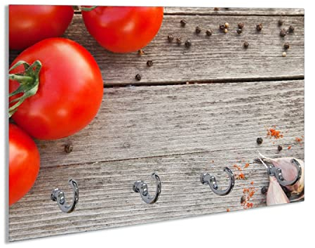 Wallario Handtuchhaken für Bad & Küche aus Glas 30 x 20 cm, Wand Handtuchhalter mit 4 Haken, Motiv: Tomaten und Gewürze auf altem Holztisch