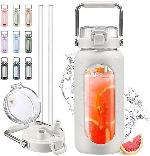 HYDRAGLAZIC 2 Liter Glass Water Bottle with Straw and Time Marker 2L Motivational Water Tumbler with Silicone Sleeve and Spout Lid Wide Mouth Borosilicate Water Jug BPA Free Leak-proof, White