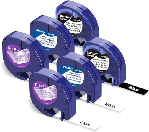 6x Wonfoucs kompatible für Dymo LetraTag 12mm x 4m als Ersatz für Dymo Etikettenband Bänder 91221 16951 913318 für Dymo LetraTag LT-100H LT-110T XR 2000, Weiß/Transparent/Schwarz