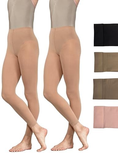 2 paia di collant senza piedi per danza classica, confezione multipla da 60 denari, per ragazze, bambini, adulti, donne, in nero, marrone chiaro e rosa, Luce Suntan, S