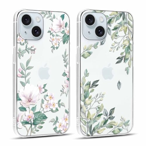 Yoedge 2 Stück Durchsichtig HandyHülle für Apple iPhone 15 Hülle Blumen 6,1, Transparent Silikon Handy Hülle für iPhone 15 Case 3D Muster Aesthetic Mädchen Frauen Geschenk Schutzhülle Cover
