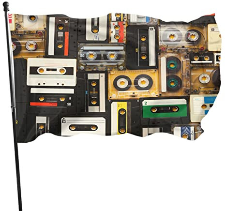 Vintage-Musik-Flagge, 90 x 150 cm, doppelseitig, saisonale Banner, Audio-Rekord, Kassettenbänder, schwarz, beige, Outdoor-Flaggen, große Willkommens-Banner, Heim, Garten, Rasen-Dekoration