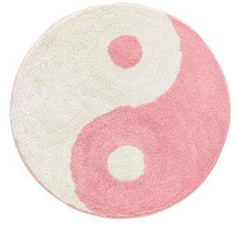 Beyond Deco Pinker Yin-Yang-Teppich, handgefertigt, getuftet, kühl, rund, für Wohnzimmer, Schlafzimmer, Küche, runder Boden, grafischer Teppich, rutschfeste Badematte (Rosa-Weiß)