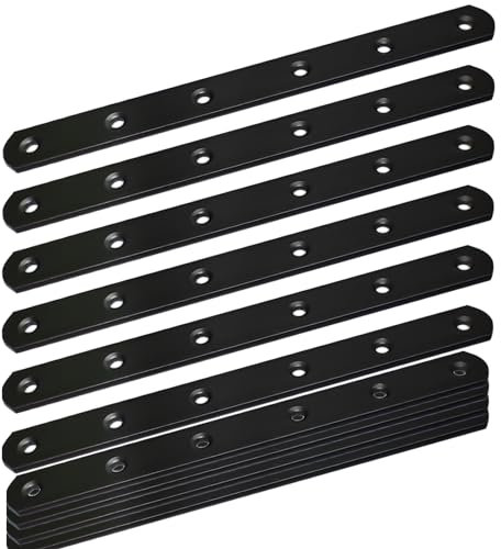 Paquete de 12 soportes rectos negros, soportes de metal para placa de reparación de 200 mm, placas de unión resistentes para valla de madera, estanterías, gabinetes, placas de reparación rectas