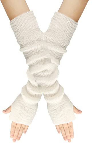 LERTREEUK Damen Mädchen Strickhandschuhe Kaschmir-Mischung Lange Armstulpen Ellenbogenwärmer Fingerlose Fäustlinge mit Daumenloch (Weiß)