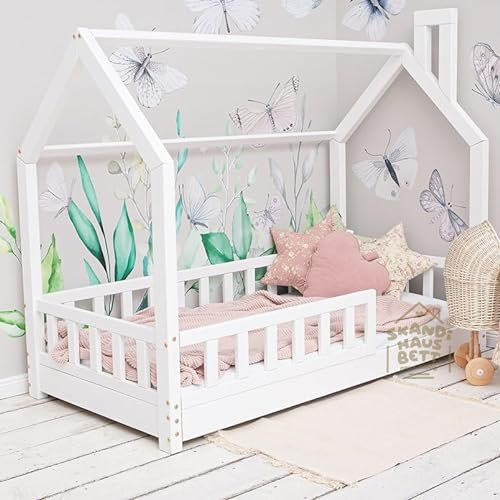 Hausbett 140x200 Mit Rausfallschutz Weiß - Bell Nuo - Kinderbett mit Lattenrost - Stabiles Rausfallschutz Bett für Kinderzimmer - Gemütlich Kinderbett Mädchen