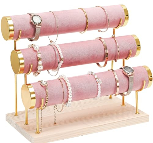 ProCase 3 Etagen T-Form Armbandhalter, Abnehmbare Armband Halterung Schmuckhalter, Samt Wrap Armbandständer Uhrenständer Aufbewahrung mit Holzsockel für Armreifen Armbänder Haarklammern Uhren -Rosa