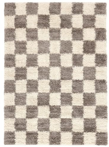 RugVista Chessie Tapis Moderne, 160x230 cm, Rectangulaire, Poil Long, Nettoyage à Sec, Salon, Salle de séjour, Chambre, Salle à Manger, Greige/Off Blanc