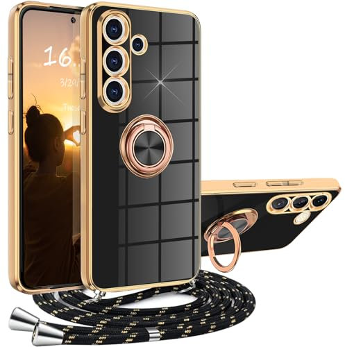 XCYYOO Coque Samsung Galaxy S24 avec Cordon, Coque Samsung S24 avec Collier Silicone Housse 360° Voiture de Bague Magnétique Antichoc Étui Lanyard Case Téléphone Portable Protection Cover Avec Support