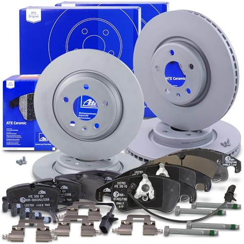 ATE Bremsenset inkl. Bremsscheiben vorne Ø 320 mm belüftet + hinten Ø 300 mm voll und Ceramic Bremsbeläge vorne + hinten und Verschleißkontakt Kompatibel mit AUDI A6 C7 (4G2, 4GC), A7 (4GA, 4GF)