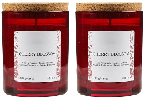 H HANSEL HOME Vela Perfumada Botanical, Vela en Vaso de Cristal con Tapa de Corcho - Velas Aromáticas de Cera Vegetal, Vaso Reutilizable, 30h Duración, 8.5x7cm, Cherry Blossom, 140g x 2 unidades