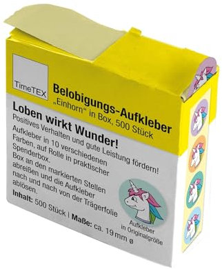 TimeTEX - Belobigungs-Aufkleber Einhorn | Lehrersticker für motivierendes Feedback | 500 Sticker in praktischer Spender-Box | 1 Motiv mit verschiedenfarbigen Hintergründen | 19 mm ø