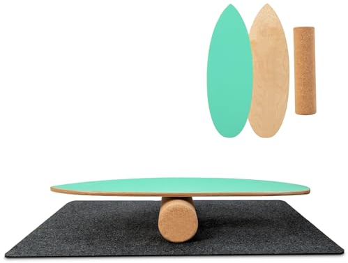 KOMFOTTEU Balance Board Holz, Balancebrett mit Korkrolle & rutschfester Filzmatte, Gleichgewichtsboard Indoor Training Surfen Skaten, Wackelbrett Trickboard max.100kg belastbar (Grün)