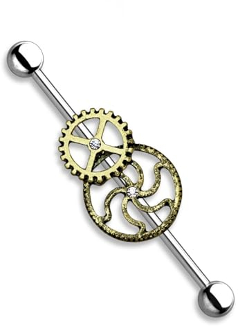 beyoutifulthings Industrial-Piercing Steam-Punk Silber Gold Kristalle Clear Industrial-Barbell Industrial-Bar Chirurgenstahl Stab-länge 38-mm