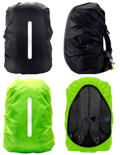 VINEST 2 Stück Regenschutz Rucksack, 25-55L Wasserdicht Rucksack Regenschutz mit Reflektorstreifen, Regenschutz Schulranzen Schwarz Grün, Regenhülle Rucksack für Wandern Camping Radfahren (L(45-55L))