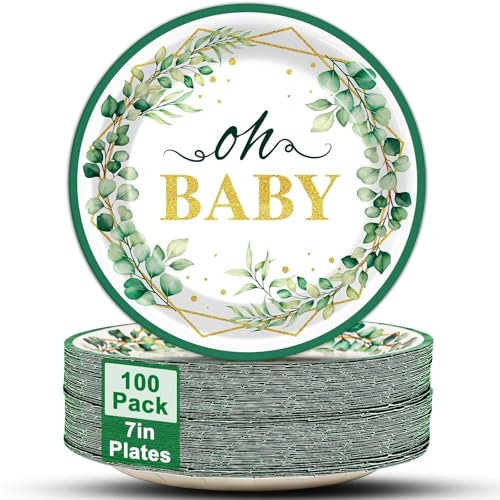 100 PCS 7inch Oh Baby Eucalyptus Plates Baby Shower Party Supplies Sage Greenery Dessert Plates Greenery Disposable Paper Plates for Boys or Girls Gender Reveal Baby Shower Party Decorations Favors