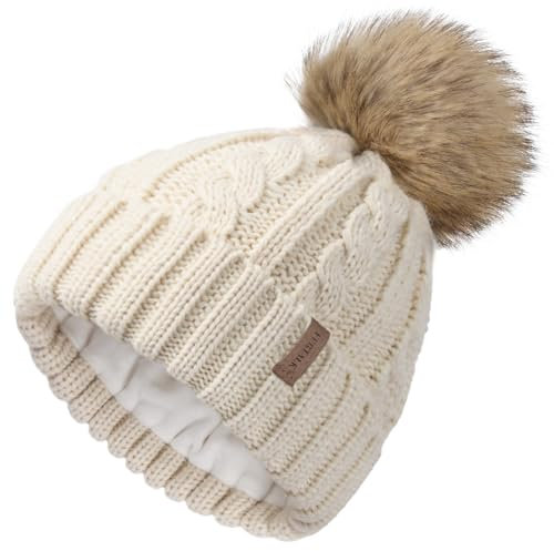 FURTALK Winter Beanie Mütze Damen Bommelmütze Gefüttert Kunstpelz Pom Pom Hüte Frauen Warm Stricken Schädeldecke