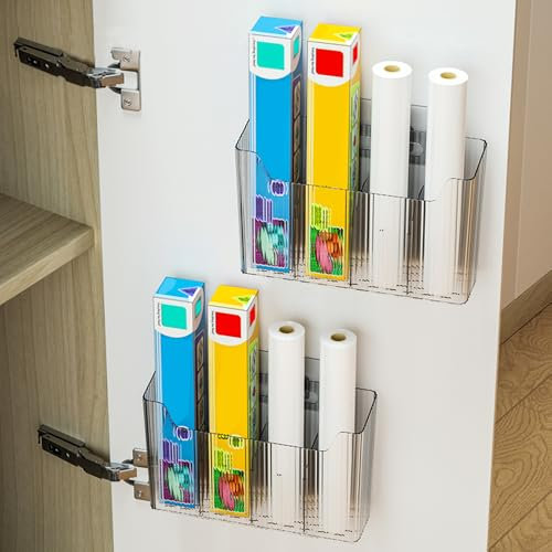 HEKOBAG 2 Pack Self-Adhesive Cabinet Door Organisers, Clear Kitchen Storage Containers - Wall Mounted Box for Kitchen Wrap & Small Items, Space-Saving Cabinet Organizer (Clear)