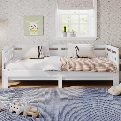 REXO Ausziehbar Bett, Daybett Tagesbett, Kiefer massiv, mit 2. Schlafgelegenheit und Rollrost Herzform Bett Weiß (90 * 200cm)
