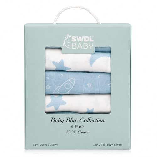 SWDL® Muslin Cloths for Baby - 100% Cotton Muslin Squares (Pack of 6, 70 x 70 cm) | Soft, Absorbent & Breathable | Perfect as Baby Bibs & Burp Cloths | Baby Blue Collection