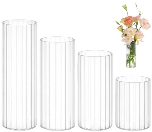 BENECREAT 4 Size Glass Cylinder Vases, 9/14/17/20cm Clear Flower Vase for Centerpieces, Glass Containers for Pillar Candle Floating Candle, Vase for Restaurants Hotels Home Decor