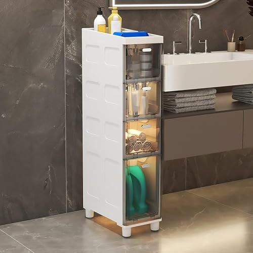 Armoire de salle de bain fine avec tiroirs et roulettes en plastique transparent - Tiroirs de rangement empilables de grande capacité pour papier toilette - Armoire de sol étroite pour l'organisation