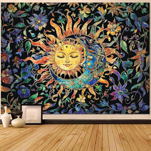 Aipon Wandteppich Sonne und Mond für Schlafzimmer, Boho, Hippie, floraler Wandteppich, ästhetischer Vintage-Buntglas-Pflanze, extra großer Wandteppich, Wandbehang für Wohnzimmer, Wohnheim, 228 x 172