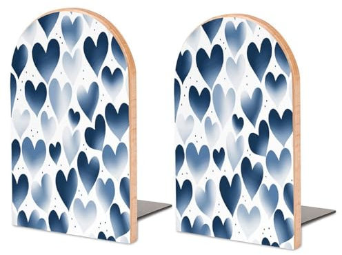 Grand serre-livres en bois imprimé cœur bleu marine, serre-livres durables avec base en métal adaptés pour une utilisation dans les salles d'étude, les étagères, les bureaux, les salles de classe et