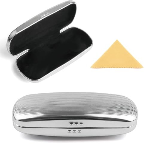 EZESO Hard Shell Glasses Case, Portable Aluminum Striped Eyeglasses Cases Protective Sunglasses Case for Men Women, Silver