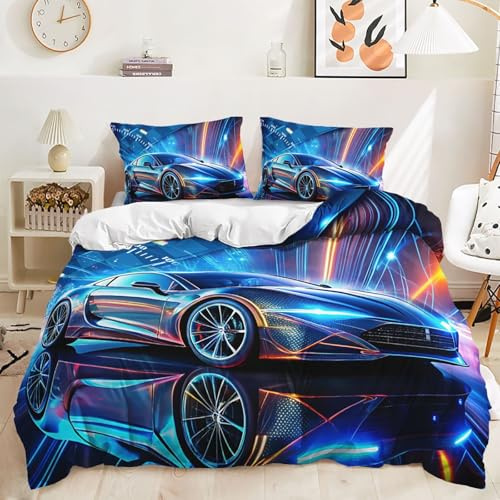 TKCQX Modernes Auto Kinder BettwäSche 155x220 Neonlichter Rennen BettwäSche-Sets Junge MäDchen Bettbezug Aus Mikrofaser mit ReißVerschluss mit Kissenbezug 80x80 cm