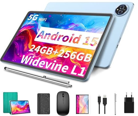 YLEEBG Android 15 Tablet 11 Zoll 2-in-1 mit Tastatur 24GB RAM + 256GB ROM (1TB erweiterbar) Octa-Core, 8000mAh, Dual-Band WiFi 13MP+5MP Dual-Kamera Inkl. Tastaturhülle, Maus & Stift (Grün)