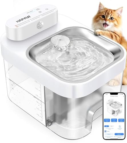 HAPAW Katzenbrunnen mit App-Überwachung, 3 L Frisch- & 1,35 L Abwassersystem, Trinkbrunnen für Katzen, Filterloser Automatischer Wasserspender mit 5000 mAh