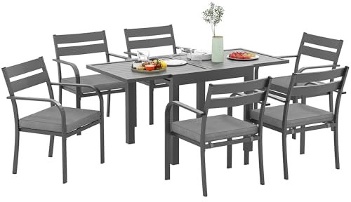 Outsunny 7-teiliges Gartentisch und Stühle Set, Esstischset mit ausziehbarem Tisch, 6 stapelbare Gartenstühle mit Armlehnen und Kissen, Aluminium Stahl Lattenrost Möbel Set, Grau