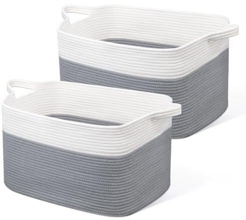 JOJOSEE Large Woven Laundry Storage Basket 55x38x30cm, White&Grey, 2 Pack | Cotton Rope Blanket Basket for Towel Clothes Storage, Toy Storage Organiser, Rope Basket for Living Room, Nursery, Bedroom