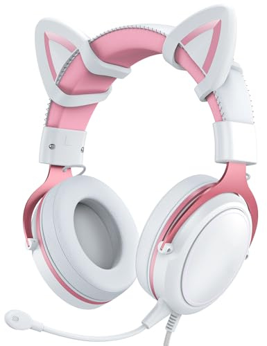 Denash Katzenohr-Kopfhörer, kabelgebunden, RGB-Gaming-Headset mit Mikrofon, leuchtende Geräuschreduzierung, Over-Ear-Kopfhörer, niedliche Kopfhörer für Gamer (Weiß / Rosa mit Katzenohren-Dekor)