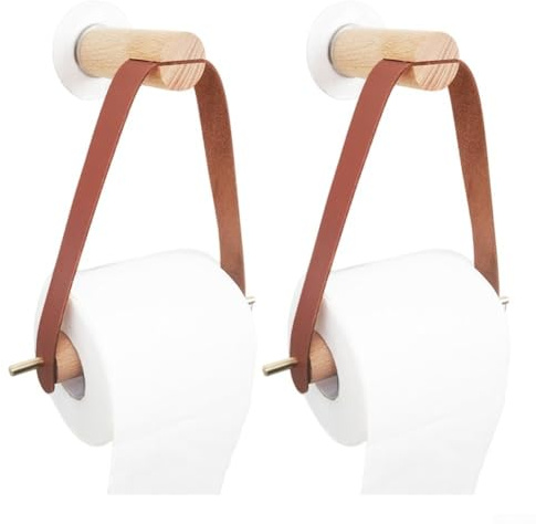 Gdfnmogo Lot de 2 porte-papier toilette en bois et cuir synthétique avec métal cuivré, installation de perforation pour cuisine, salle de bain et restaurant (marron)