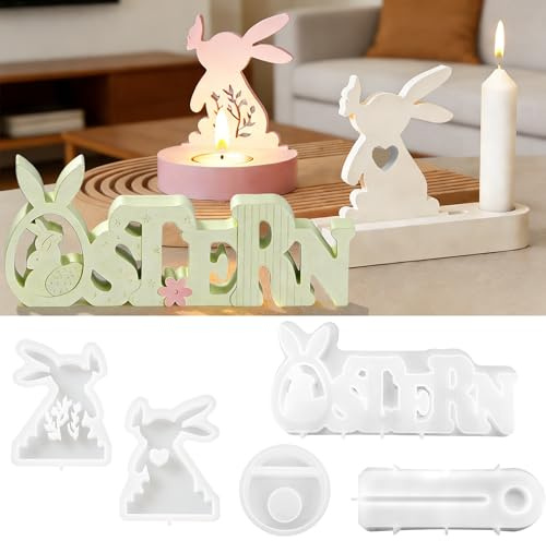Juego de 5 moldes de silicona para Pascua y primavera – moldes de moldeo DIY para candelabros, decoración de conejo de Pascua de hormigón, yeso, raysin y resina (ostern)