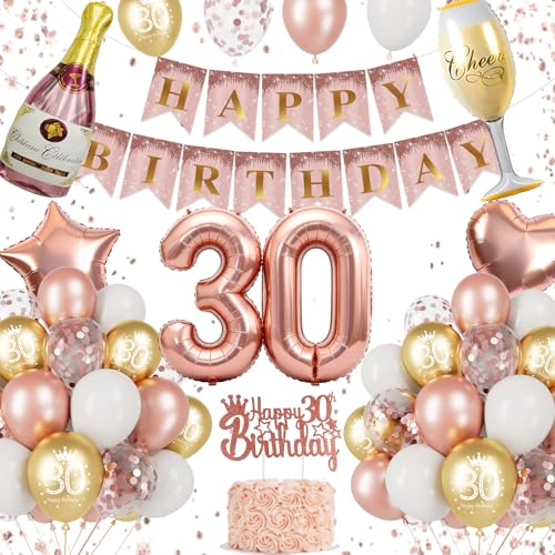 Decorazioni 30 Compleanno Donna, Rose Gold Palloncini 30 Anni Compleanno Donna, Numero 30, Bottiglia Champagne, Calice, Cuore Stella Foil, Banner Happy Birthday, 30 Anni Cake Topper, Accessori Festa