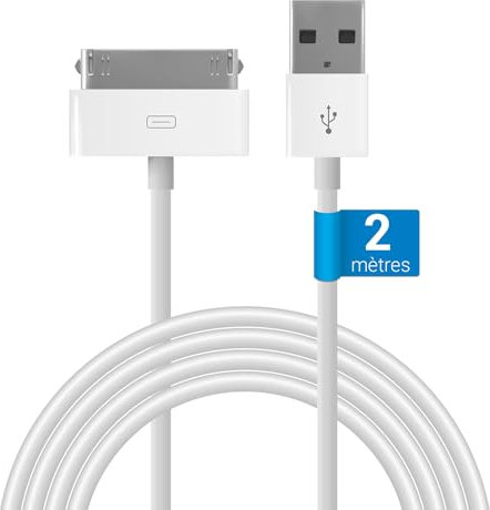 Waytex 11211 Cordon USB 2m blanc pour iphone Dock 30 broches, Cable chargeur pour iphone 3G, 3GS, 4, 4S, ipod et ipad 1,2,3