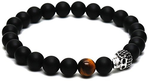 Lion & Son Totenkopf-Armband - Skull Schädel Herren-Perlenband Schwarz Biker Rocker Tigerauge Perlen, Länge:18 cm