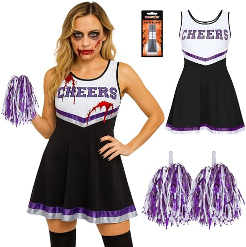 Zombie Cheerleader Costume Women Outfit with Cheerleader Pom Poms - Dead Halloween Fancy Dress Costume - High School Musical Zombie Outfit