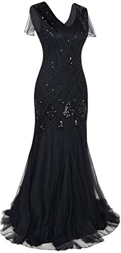 STYLEEA Robe Années 20 Vintage Longue Robe avec Brillant Paillette Perles pour Femmes Classique 1920s Charleston Gatsby Danse Tango Latine Longueur de Plancher Robe de Soirée Robe De Bal