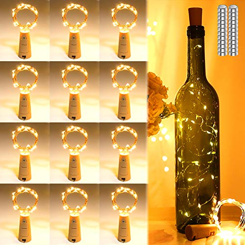 Aiguozer 12 Stück LED Flaschen Licht Korken Warmweiß, 20 LEDs 2M Flaschenlicht Lichterkette mit 36 Batterien(24 extra) Weinflasche Nacht Licht, für DIY Deko Party Urlaub