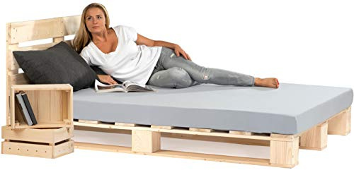 sunnypillow 220x200cm Palettenbett mt Kopfteil Holz Bett mt Paletten | Massivholz Bett Palettenmöbel Naturholz Fichte europalette 80 90 100 120 140 160 180 200 220 240x200cm