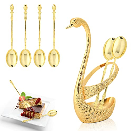 6Pcs Gold Coffee Spoons,Coffee Dessert Spoon Set with Stainless Steel Swan Base Dinnerware Set Teaspoons Flatware Set for Salad Cocktail Fruit Stirring Mixing Sugar Ice Cream Cake