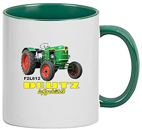 Deutz Luftgekühlt Abbildung Typ D F2L612 Tasse Kaffeebecher Keramik, 330 ml Inhalt | Weiß/Grün