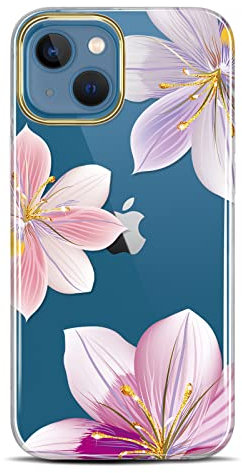 JAHOLAN Clear Case Compatible with iPhone 13 Mini Case with Flowers, for Girls Women, Shockproof Glitter Floral Pattern Hard Back Cover Phone Case 5.4 inch 2021 - Grandiflora Pink Purple