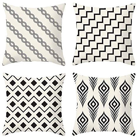 KnBoB 4 Stück Kissenbezug 40 cm x 40 cm, Polyester Kette Pfauen Feder Kariert Deko Kissenbezüge, Schwarz Weiß
