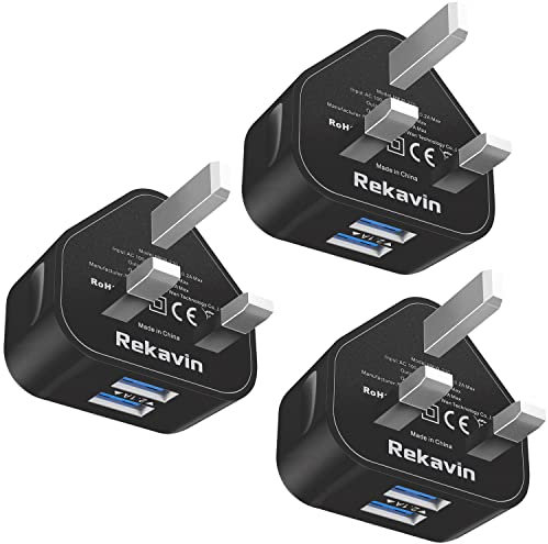 Rekavin 3 Pack USB Charger Plug Adaptor UK Dual Ports 5V/2.1A USB Wall Plug Mains Charge Fast Power Socket Charging Head for iPhone 14 13 12 11/XS Max/XR/X/8/7/6 Plus,Samsung, Android Phone